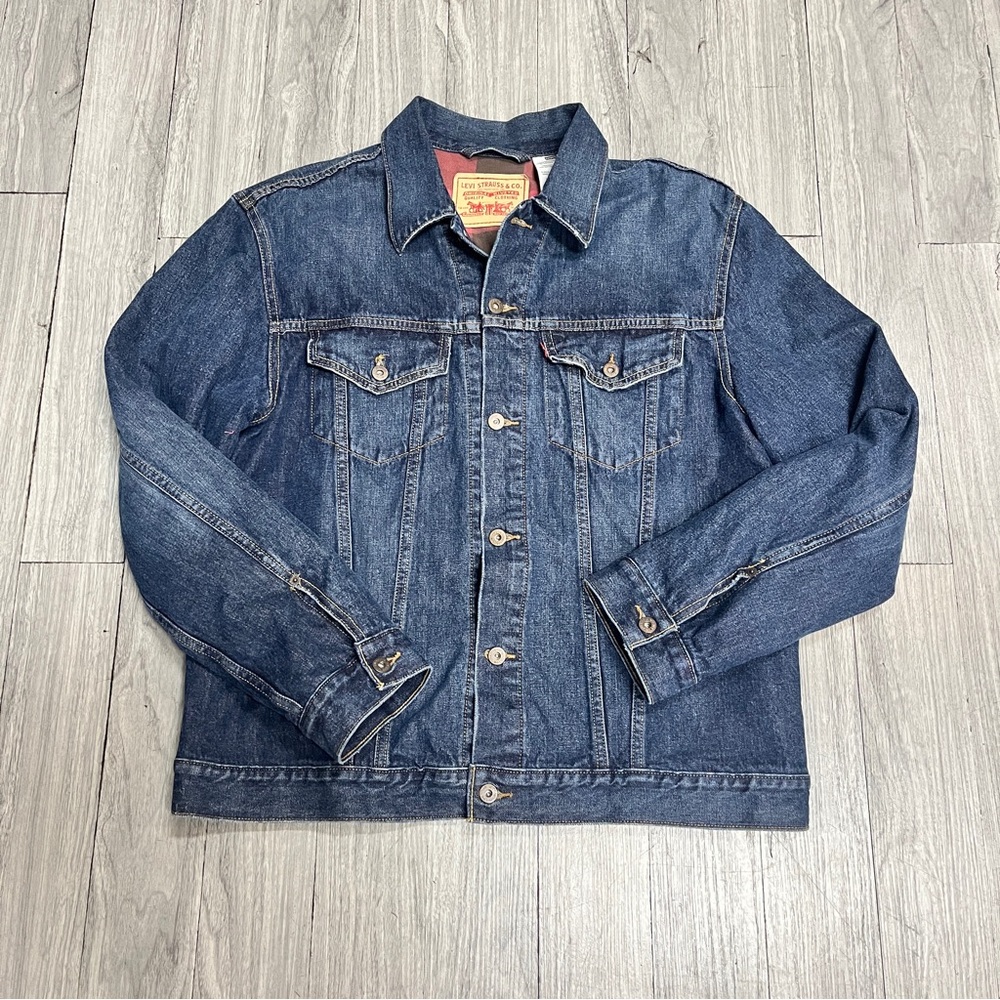 Levi Strauss & Co Blue Denim Trucker Plaid Lining Jean Jacket